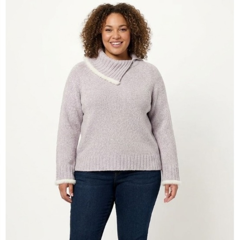 New Norton McNaughton Light Purple Fur Trim Soft Cozy Pullover Sweater Large
